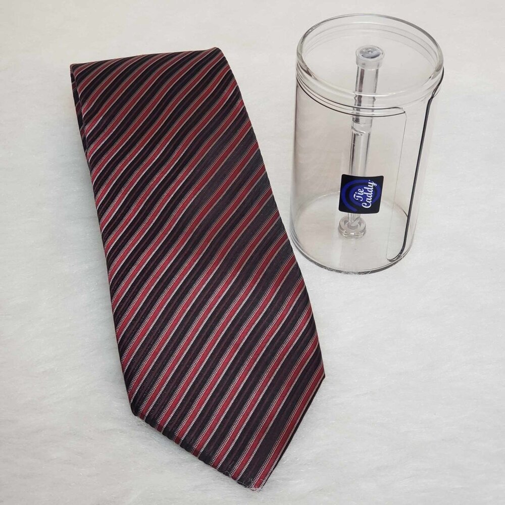 Men's ALFANI 100% Silk Black Red Striped Tie + Tie Caddy Storage Container